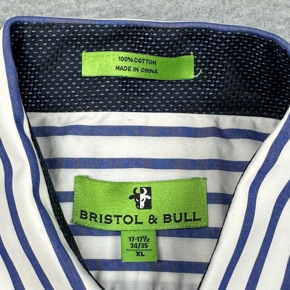 Bristol & Bull Striped Dress Shirt XL 17-17.5 34/35 (XL) Blue White Cotton - Picture 3 of 9